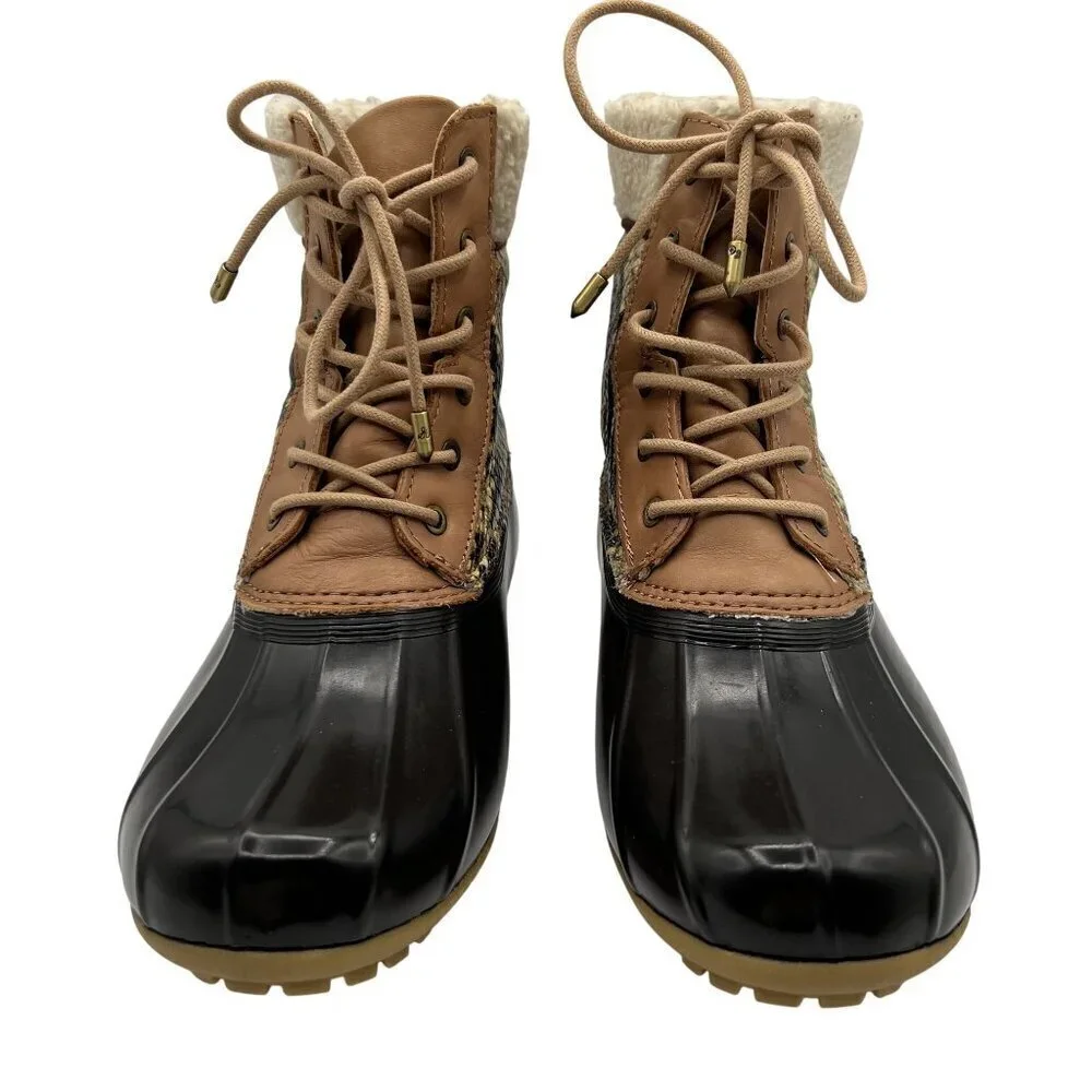 Sam Edelman Womens 7M Duck Boots Leather Upper Faux Fur Snake Pattern Waterproof